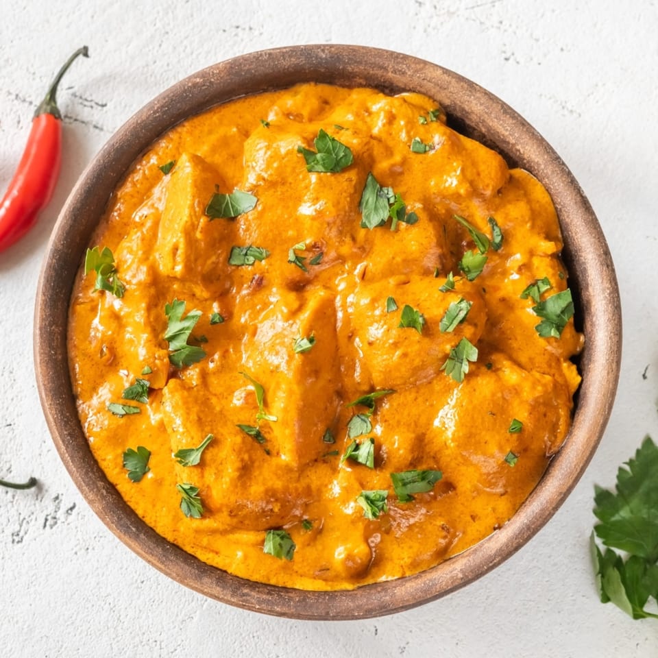 Aha South Indian Cuisine's chicken tikka masala, a rich orange curry with chicken pieces and fresh cilantro.